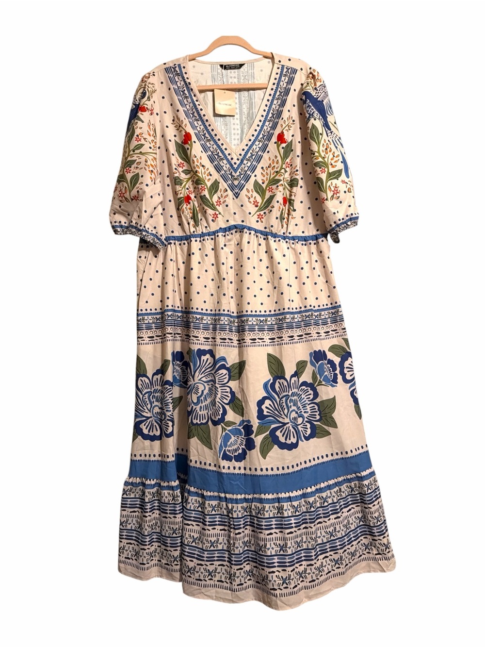 NWT BloomChic Boho Beige & Blue Floral Bird Print Midi Dress 18-20
